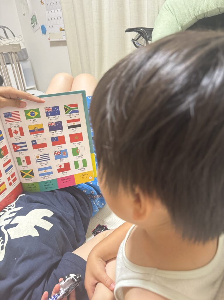 家族で図鑑を読んでいる時間。最近は国旗のページで手が止まることが増えました。