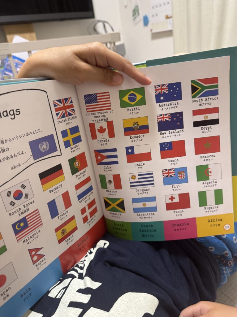 国旗のページを見ながら、クイズのように国名を覚えていきます。